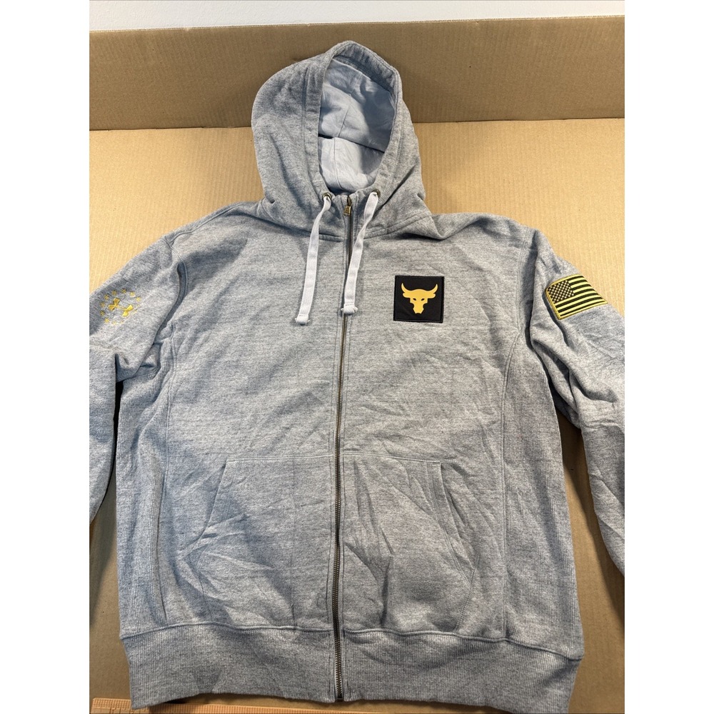 Under Armour Project Rock Mens XL Grey Full Zip Hoodie Brahma Bull Flag Patch